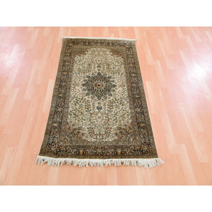 3'x5'5" Cornsilk White, Kashmir Pure Silk, 400 KPSI, Intricate Medallion Design, Soft to The Touch, Hand Knotted Oriental Rug FWR452628