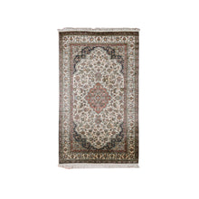 Load image into Gallery viewer, 3&#39;x5&#39; Alabaster White, Hand Knotted Intricate Medallion Design, 400 KPSI, Soft to The Touch, Kashmir Pure Silk, Oriental Rug FWR452634