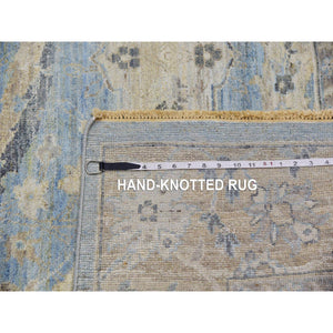 9'1"x11'6" Columbia Blue, Cropped Thin, Washed Out, Antiqued Zeigler Mahal with Zero Pile, Hand Knotted, 100% Wool, Oriental Rug FWR452802