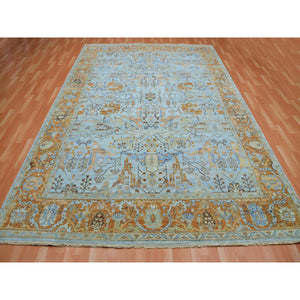 9'x11'10" Periwinkle Blue, Sheared Low, Hand Knotted, Antiqued Heriz All Over Design, Zero Pile, Distressed, 100% Wool, Oriental Rug FWR452814