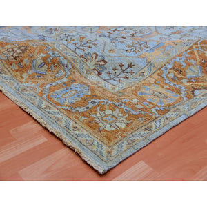 9'x11'10" Periwinkle Blue, Sheared Low, Hand Knotted, Antiqued Heriz All Over Design, Zero Pile, Distressed, 100% Wool, Oriental Rug FWR452814