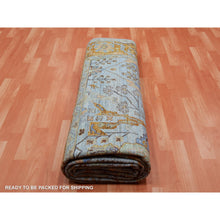 Load image into Gallery viewer, 9&#39;x11&#39;10&quot; Periwinkle Blue, Sheared Low, Hand Knotted, Antiqued Heriz All Over Design, Zero Pile, Distressed, 100% Wool, Oriental Rug FWR452814