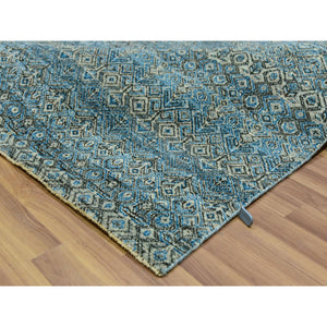 7'9"x10'1" Quilt Blue, Hand Knotted Natural Wool, Borderless Kohinoor Herat Pattern With Small Repetitive Diamond Shape Design Tone On Tone, Soft Pile, Oriental Rug FWR456036