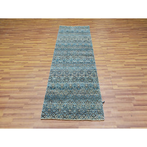 2'6"x8' Maul Blue, Borderless Hand Knotted, Kohinoor Herat with Small Diamond Shape Repetitive Design, All Wool, Runner Oriental Rug FWR456048