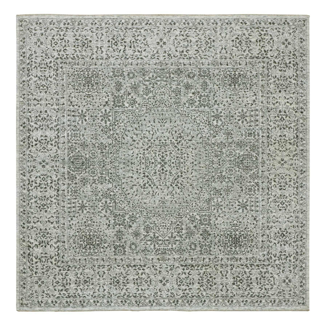 8'x8' Marshmallow White, Undyed Mamluk Dynasty Design, Tone on Tone, Pure Wool, Hand Knotted Square Oriental Rug FWR456066