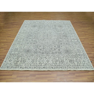 8'x8' Marshmallow White, Undyed Mamluk Dynasty Design, Tone on Tone, Pure Wool, Hand Knotted Square Oriental Rug FWR456066