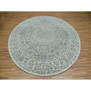 8'x8' Simply White, Tone on Tone, Velvety Soft Wool, Undyed Mamluk Dynasty Pattern, Hand Knotted Round Oriental Rug FWR456072