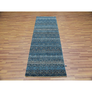 2'8"x8'1" Azure Blue, Hand Knotted, Borderless Kohinoor Herat, All Over Small Geometric Repetitive Diamond Pattern, Shiny Soft Wool, Runner Oriental Rug FWR456084