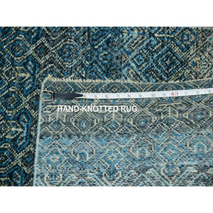 2'8"x8'1" Azure Blue, Hand Knotted, Borderless Kohinoor Herat, All Over Small Geometric Repetitive Diamond Pattern, Shiny Soft Wool, Runner Oriental Rug FWR456084