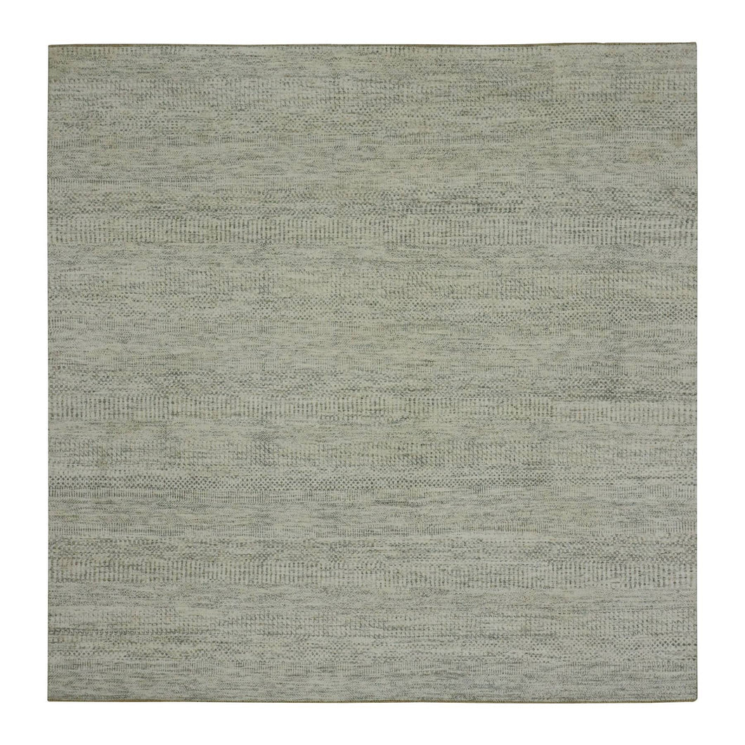 8'x8' Vanilla Ice White, Organic Sustainable Textile, Tone on Tone Modern Grass Design, Hand Knotted Soft Wool, Oriental Square Rug FWR456138