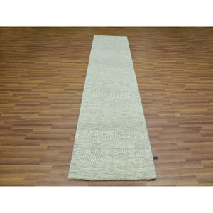 2'7"x10'1" Incredible White, Hand Knotted Organic Sustainable Textile and Modern Grass Design, Soft Shiny Wool, Tone on Tone, Runner Oriental Rug FWR456162