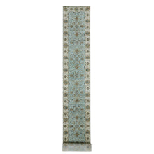 Load image into Gallery viewer, 2&#39;6&quot;x22&#39; Iced Aqua Blue, Vegetable Dyes, Agra Shah Abbas Flowering Vein Design, Hand Knotted Organic Wool, Denser Weave, XL Runner Oriental Rug FWR456216