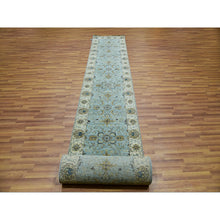 Load image into Gallery viewer, 2&#39;6&quot;x22&#39; Iced Aqua Blue, Vegetable Dyes, Agra Shah Abbas Flowering Vein Design, Hand Knotted Organic Wool, Denser Weave, XL Runner Oriental Rug FWR456216