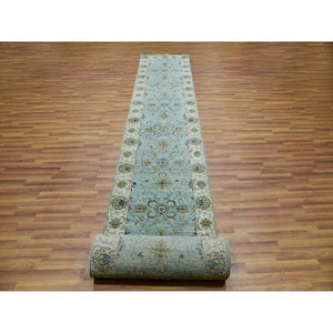 2'6"x22' Iced Aqua Blue, Vegetable Dyes, Agra Shah Abbas Flowering Vein Design, Hand Knotted Organic Wool, Denser Weave, XL Runner Oriental Rug FWR456216