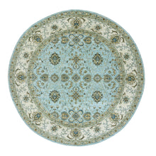 Load image into Gallery viewer, 9&#39;x9&#39; Uranian Blue and Linen White Border, Hand Knotted, Agra, Shah Abbas With Flower Design, Soft and Velvety Wool, Vegetable Dyes, Round Oriental Rug FWR456246