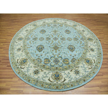 Load image into Gallery viewer, 9&#39;x9&#39; Uranian Blue and Linen White Border, Hand Knotted, Agra, Shah Abbas With Flower Design, Soft and Velvety Wool, Vegetable Dyes, Round Oriental Rug FWR456246