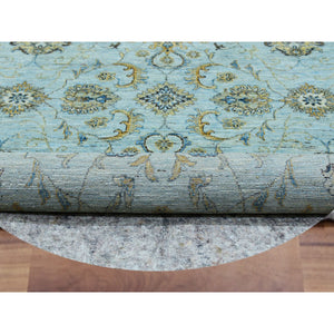 9'x9' Uranian Blue and Linen White Border, Hand Knotted, Agra, Shah Abbas With Flower Design, Soft and Velvety Wool, Vegetable Dyes, Round Oriental Rug FWR456246