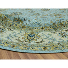 Load image into Gallery viewer, 9&#39;x9&#39; Uranian Blue and Linen White Border, Hand Knotted, Agra, Shah Abbas With Flower Design, Soft and Velvety Wool, Vegetable Dyes, Round Oriental Rug FWR456246