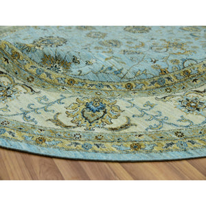 9'x9' Uranian Blue and Linen White Border, Hand Knotted, Agra, Shah Abbas With Flower Design, Soft and Velvety Wool, Vegetable Dyes, Round Oriental Rug FWR456246