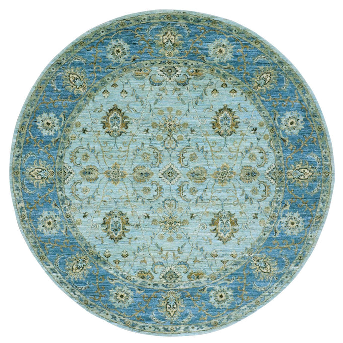 6'x6' Beau Blue, Agra, Hand Knotted Vegetable Dyes With Shah Abbas All Over Floral Pattern, Densely Woven Natural Wool, Round Oriental Rug FWR456276