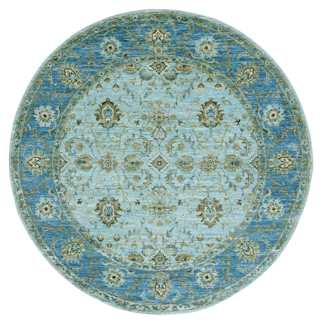 6'x6' Beau Blue, Agra, Hand Knotted Vegetable Dyes With Shah Abbas All Over Floral Pattern, Densely Woven Natural Wool, Round Oriental Rug FWR456276