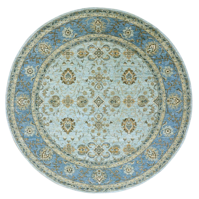 8'x8' Blizzard Blue, Denser Weave Pure Wool, Agra Hand Knotted Shah Abbas Flower Lattice, Vegetable Dyes, Round Oriental Rug FWR456282