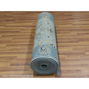 2'8"x22' Aqua Frost Blue, Extra Soft Wool, Agra, Shah Abbas With Floral Motifs, Hand Knotted, Vegetable Dyes Denser Weave, Oriental XL Runner Rug FWR456312