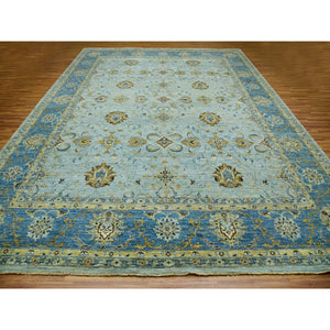 11'10"x15' Iceberg Blue, Vegetable Dyes, Agra, Hand Knotted Soft Wool, Oversized Shah Abbas Flower Design, Oriental Rug FWR456336