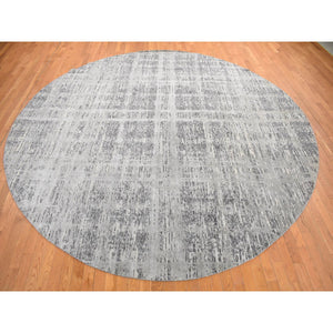 11'10"x11'10" Sharkskin Gray, Hand Spun Undyed Natural Wool, Erased Modern Design, Hand Knotted, Oversized Round Oriental Rug FWR468210