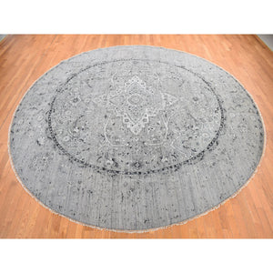 12'x12' Spanish Gray, Broken Persian Erased Design, Pure Silk with Textured Wool, Hand Knotted, Round Oriental Rug FWR468216