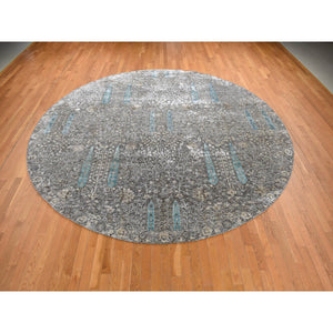 11'9"x11'9" Stone Gray, Cypress Tree Design, Silk with Textured Wool, Hand Knotted, Round Oriental Rug FWR468258