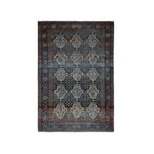 Load image into Gallery viewer, 4&#39;1&quot;x6&#39;4&quot; Midnight Blue, Antique Persian Isfahan, Garden Design, Evenly Worn Out, Cropped Thin, 100% Wool, Hand Knotted, Cleaned with Sides and Ends Professionally Secured, Oriental Rug FWR468438