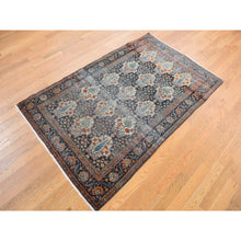 Load image into Gallery viewer, 4&#39;1&quot;x6&#39;4&quot; Midnight Blue, Antique Persian Isfahan, Garden Design, Evenly Worn Out, Cropped Thin, 100% Wool, Hand Knotted, Cleaned with Sides and Ends Professionally Secured, Oriental Rug FWR468438