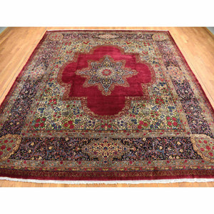 11'8"x13'2" Alabama Crimson Red, Antique Persian Kerman, Open Field Medallion Design, 300 KPSI, Hand Knotted, Pure Wool, Full Pile, Mint Condition, Clean, Squarish Size, Oriental Rug FWR468504