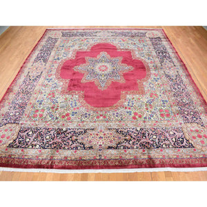 11'8"x13'2" Alabama Crimson Red, Antique Persian Kerman, Open Field Medallion Design, 300 KPSI, Hand Knotted, Pure Wool, Full Pile, Mint Condition, Clean, Squarish Size, Oriental Rug FWR468504