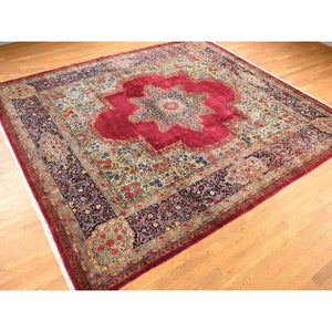 11'8"x13'2" Alabama Crimson Red, Antique Persian Kerman, Open Field Medallion Design, 300 KPSI, Hand Knotted, Pure Wool, Full Pile, Mint Condition, Clean, Squarish Size, Oriental Rug FWR468504