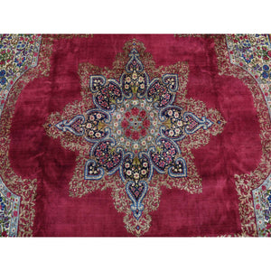 11'8"x13'2" Alabama Crimson Red, Antique Persian Kerman, Open Field Medallion Design, 300 KPSI, Hand Knotted, Pure Wool, Full Pile, Mint Condition, Clean, Squarish Size, Oriental Rug FWR468504