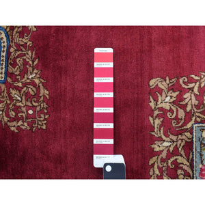 11'8"x13'2" Alabama Crimson Red, Antique Persian Kerman, Open Field Medallion Design, 300 KPSI, Hand Knotted, Pure Wool, Full Pile, Mint Condition, Clean, Squarish Size, Oriental Rug FWR468504