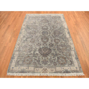 6'x9'1" Light Green, Pure Silk with Textured Wool, Mughal Design, Hand Knotted, Oriental Rug FWR468660