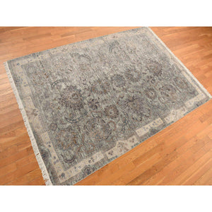 6'x9'1" Light Green, Pure Silk with Textured Wool, Mughal Design, Hand Knotted, Oriental Rug FWR468660