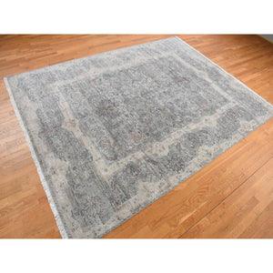 8'10"x11'10" Laurel Green, Pure Silk with Textured Wool, Mughal Design, Hand Knotted, Oriental Rug FWR468666