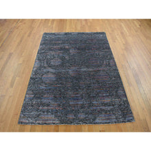 Load image into Gallery viewer, 5&#39;9&quot;x7&#39;10&quot; Eerie Black, Erased, Handspun Wool and Silk, Gabbeh Obscured Design, Thick and Plush, Handmade, Oriental Rug FWR468672