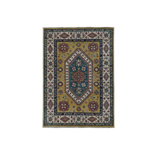 Load image into Gallery viewer, 4&#39;x5&#39;7&quot; Goldenrod Color, Hand Knotted, Shiny Wool, Special Kazak, Geometric Pattern, Oriental Rug FWR468690