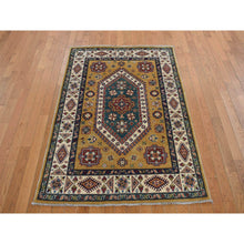 Load image into Gallery viewer, 4&#39;x5&#39;7&quot; Goldenrod Color, Hand Knotted, Shiny Wool, Special Kazak, Geometric Pattern, Oriental Rug FWR468690