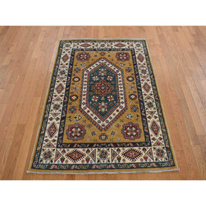 4'x5'7" Goldenrod Color, Hand Knotted, Shiny Wool, Special Kazak, Geometric Pattern, Oriental Rug FWR468690