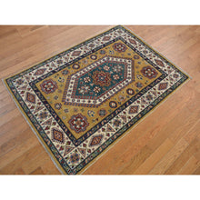 Load image into Gallery viewer, 4&#39;x5&#39;7&quot; Goldenrod Color, Hand Knotted, Shiny Wool, Special Kazak, Geometric Pattern, Oriental Rug FWR468690