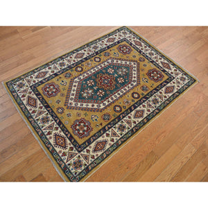 4'x5'7" Goldenrod Color, Hand Knotted, Shiny Wool, Special Kazak, Geometric Pattern, Oriental Rug FWR468690