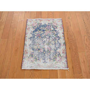 1'7"x2'2" Berry Blue, Vintage Persian Kerman with All Over Leaf Design, Worn Down, Distressed, Hand Knotted, Pure Wool, Mat, Oriental Rug FWR468720