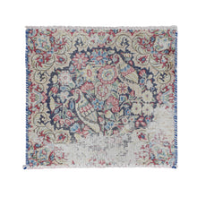 Load image into Gallery viewer, 1&#39;6&quot;x1&#39;6&quot; Midnight Blue, Vintage Persian Kerman with All Over Leaf Design and Bird Figurines, Abrash, Worn and Distressed, Hand Knotted, Pure Wool, Square, Oriental Rug FWR468726