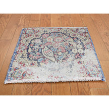 Load image into Gallery viewer, 1&#39;6&quot;x1&#39;6&quot; Midnight Blue, Vintage Persian Kerman with All Over Leaf Design and Bird Figurines, Abrash, Worn and Distressed, Hand Knotted, Pure Wool, Square, Oriental Rug FWR468726